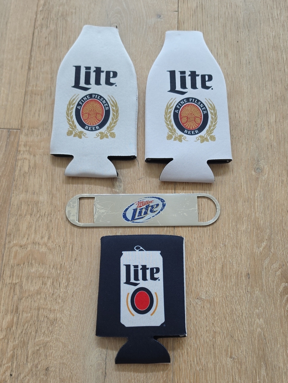 Miller Lite Koozies & Bottle Opener Set - White, Black and Gold